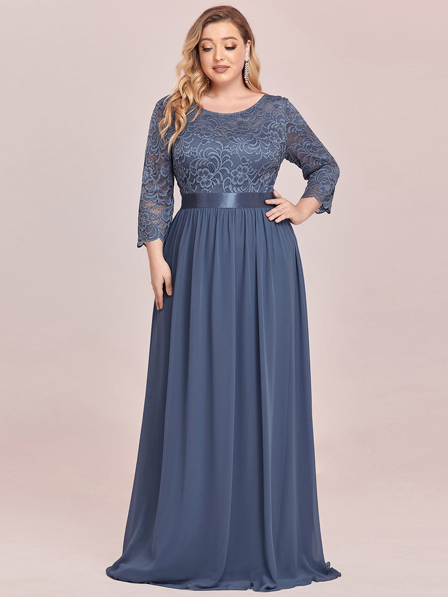 COLOR=Dusty Blue | See-Through Floor Length Lace Evening Dress With Half Sleeve-Dusty Blue 4