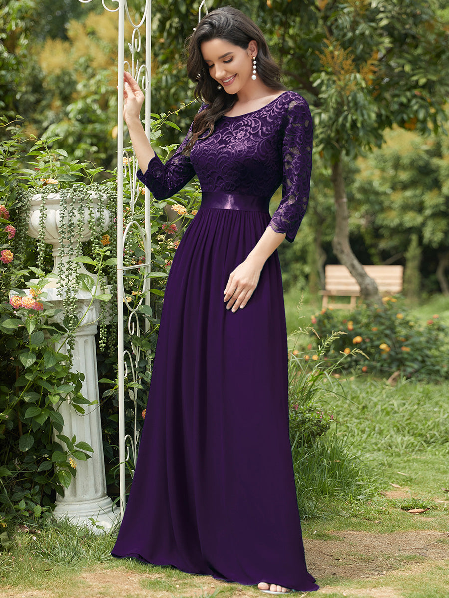 COLOR=Dark Purple | See-Through Floor Length Lace Evening Dress With Half Sleeve-Dark Purple 3