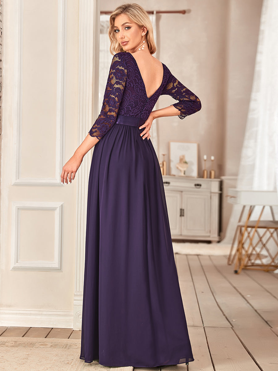COLOR=Dark Purple | See-Through Floor Length Lace Evening Dress With Half Sleeve-Dark Purple 11