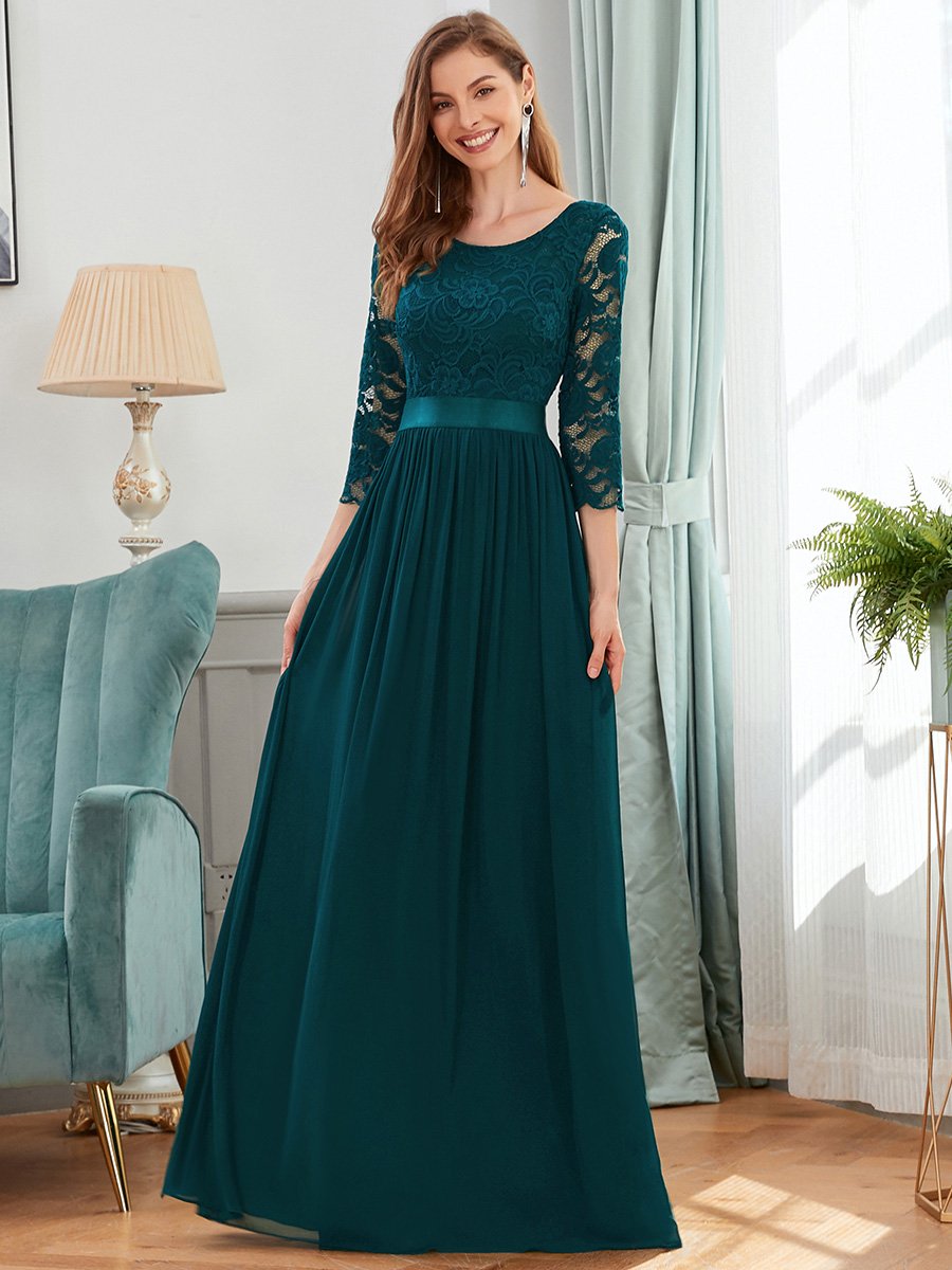 COLOR=Teal | See-Through Floor Length Lace Evening Dress With Half Sleeve-Teal 3