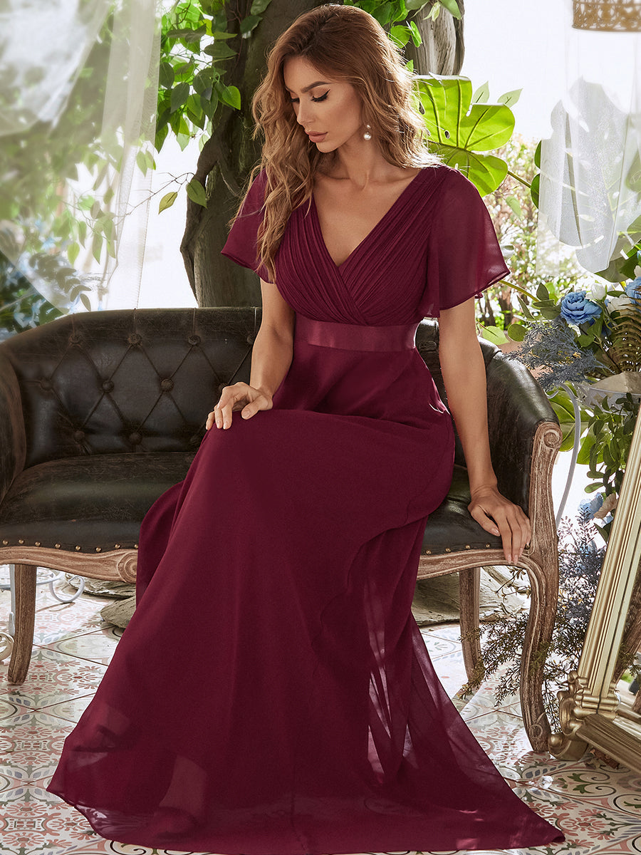Color=Burgundy | Commercial Wholesale Short Sleeve Ruffle V-Neck Pleated A-Line Floor Length Bridesmaid Dresses-Burgundy 5