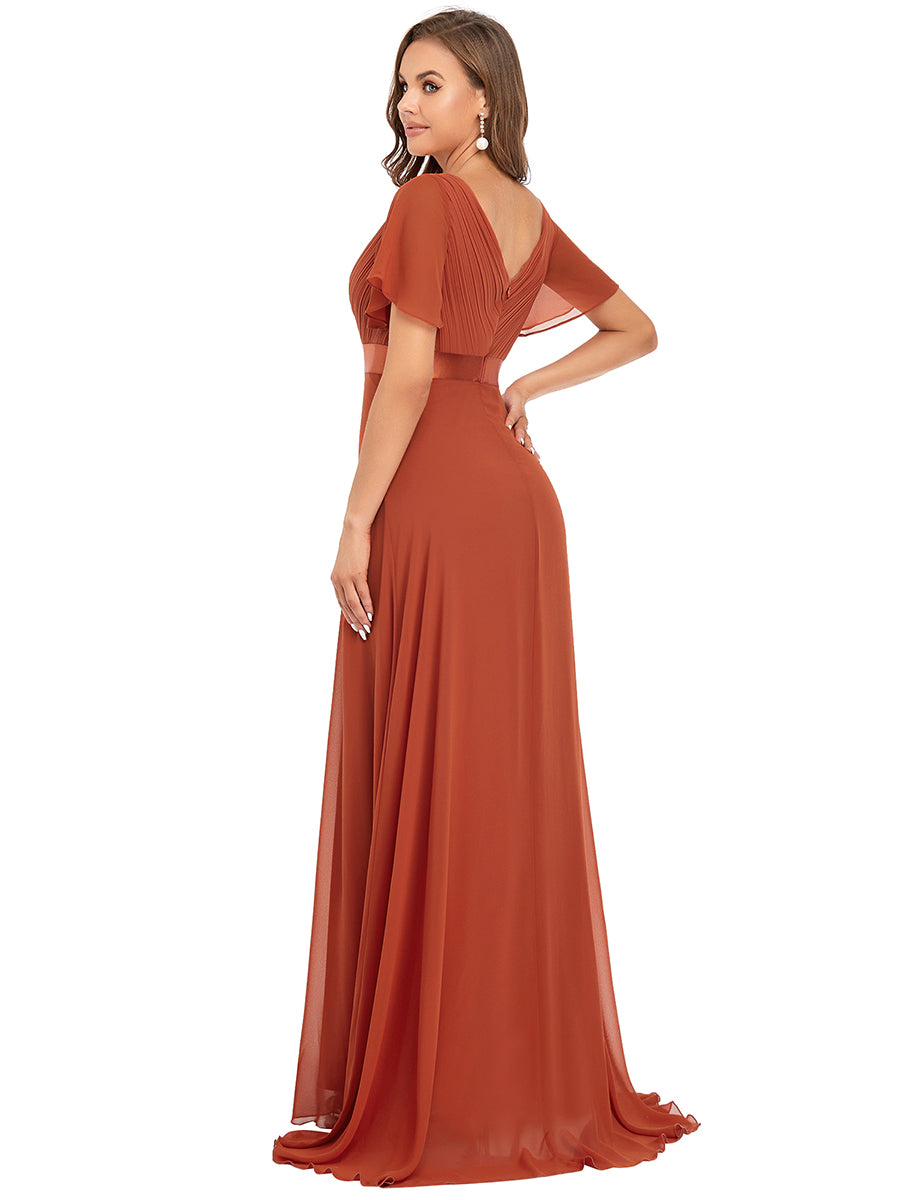 Color=Burnt Orange | Commercial Wholesale Short Sleeve Ruffle V-Neck Pleated A-Line Floor Length Bridesmaid Dresses-Burnt Orange 3