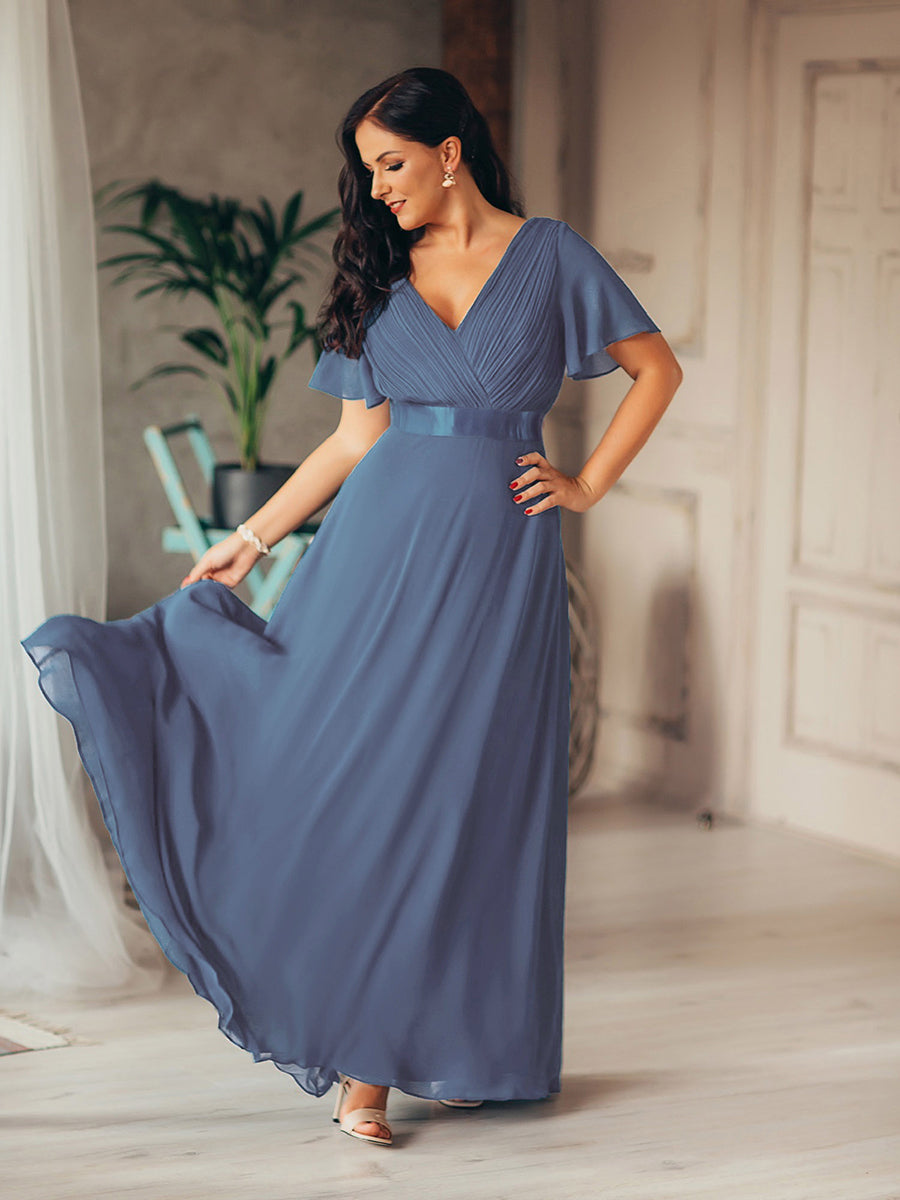 Glamorous Double V-Neck Ruffles Padded Wholesale Chiffon Evening Dresses