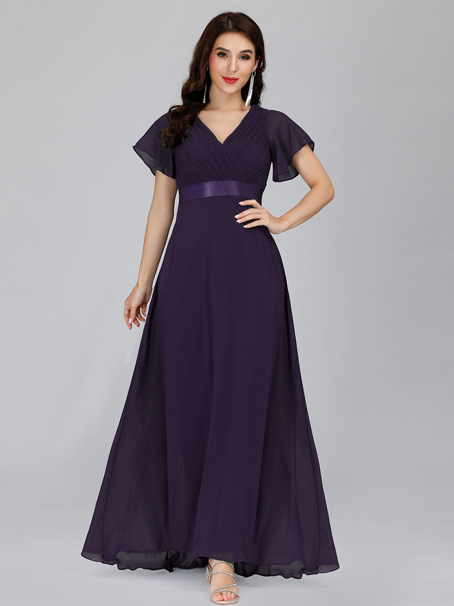Color=Dark Purple | Commercial Wholesale Short Sleeve Ruffle V-Neck Pleated A-Line Floor Length Bridesmaid Dresses-Dark Purple 4