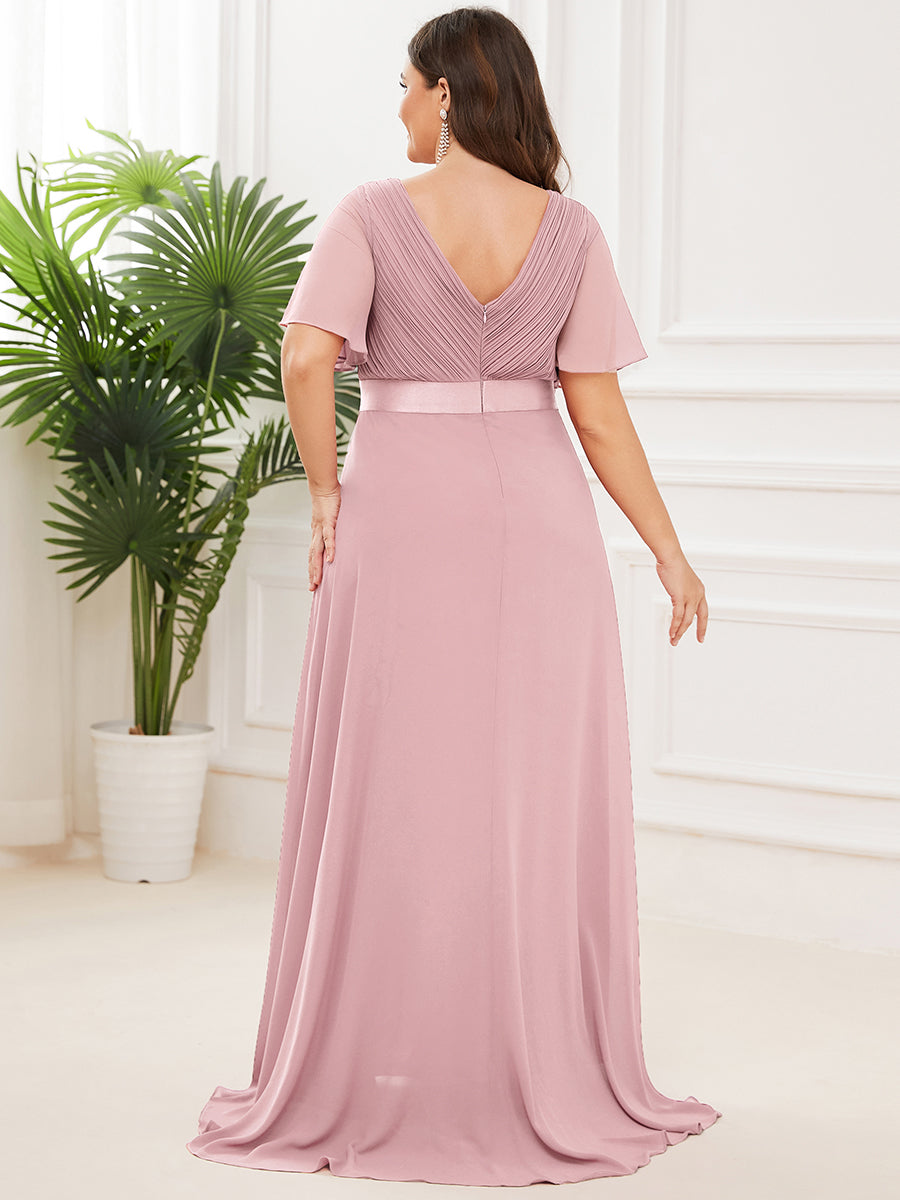 Double V-Neck Ruffles Padded Plus Size Wholesale Evening Dresses #Color_Dusty Rose