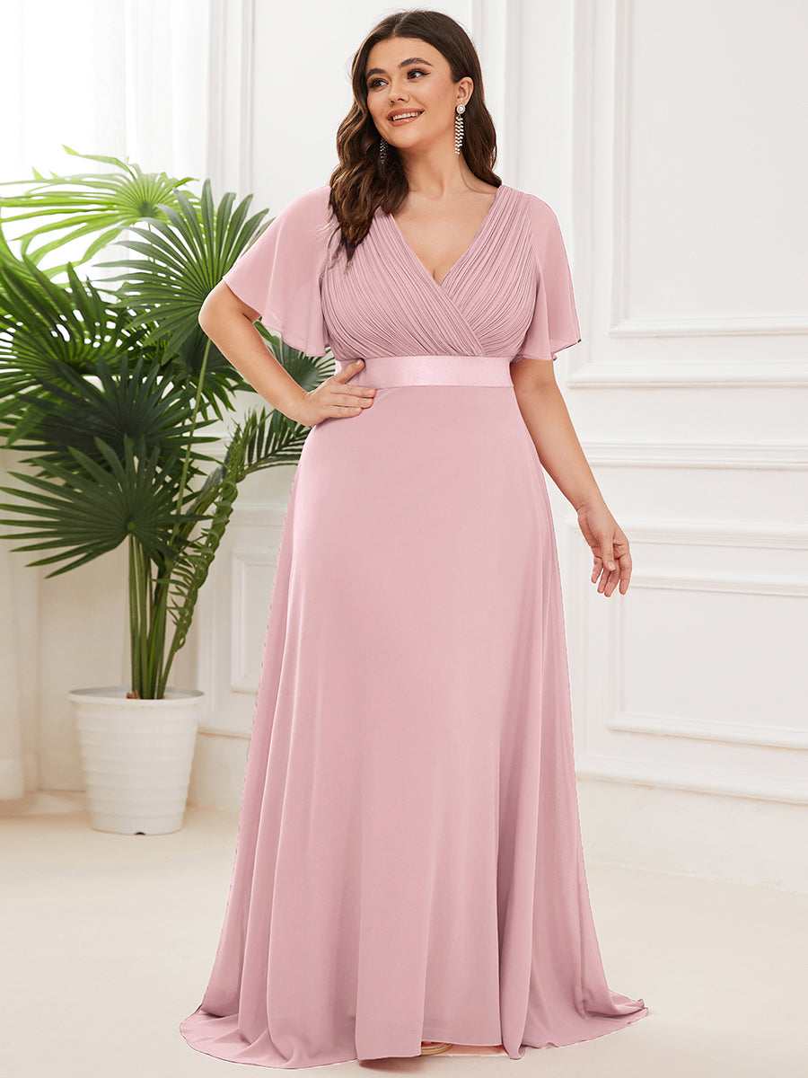 Double V-Neck Ruffles Padded Plus Size Wholesale Evening Dresses #Color_Dusty Rose