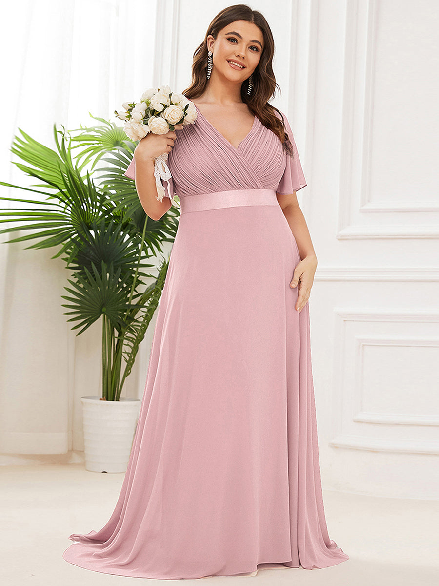 Double V-Neck Ruffles Padded Plus Size Wholesale Evening Dresses #Color_Dusty Rose