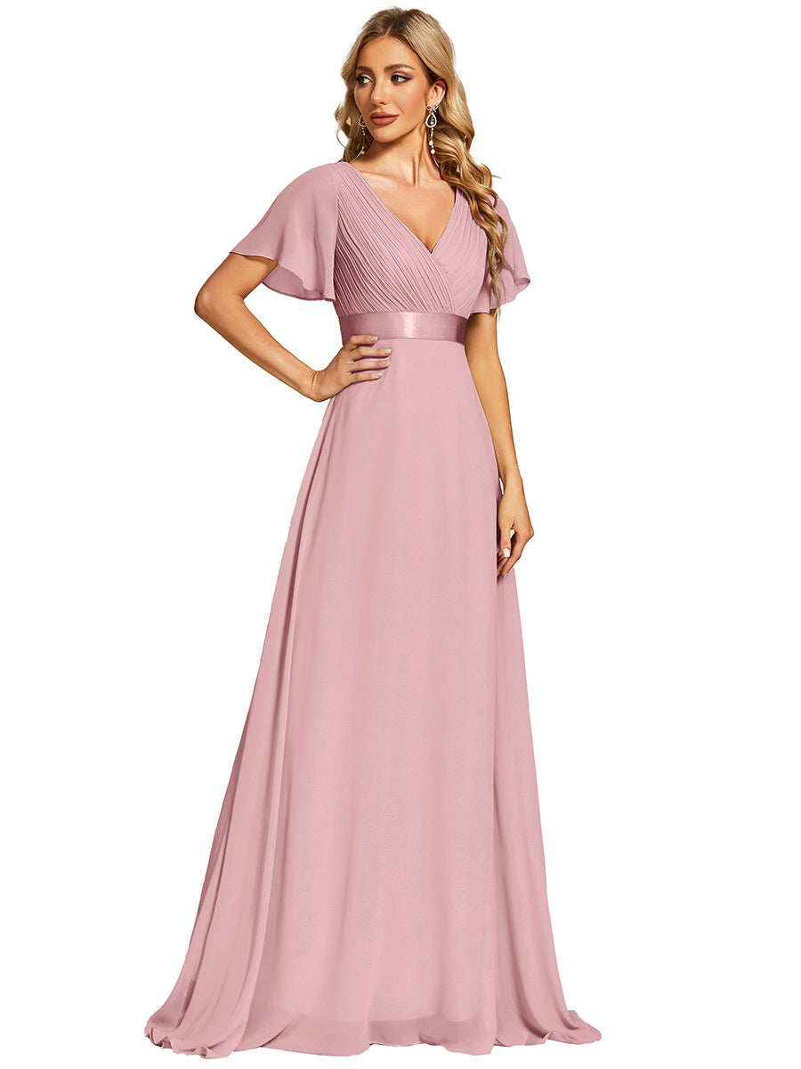 Color=Dusty Rose | Commercial Wholesale Short Sleeve Ruffle V-Neck Pleated A-Line Floor Length Bridesmaid Dresses-Dusty Rose 2