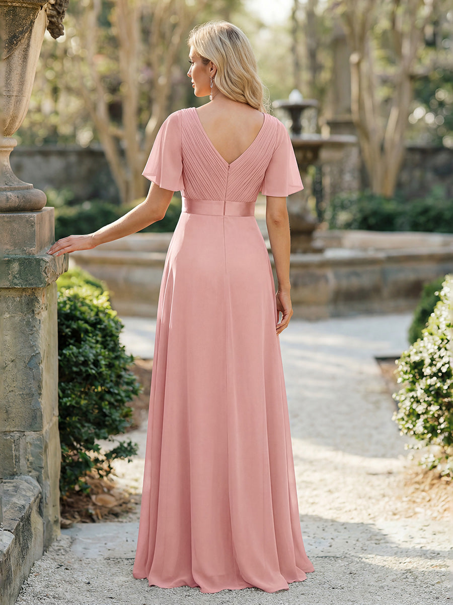 Color=Dusty Rose | Commercial Wholesale Short Sleeve Ruffle V-Neck Pleated A-Line Floor Length Bridesmaid Dresses-Dusty Rose 4