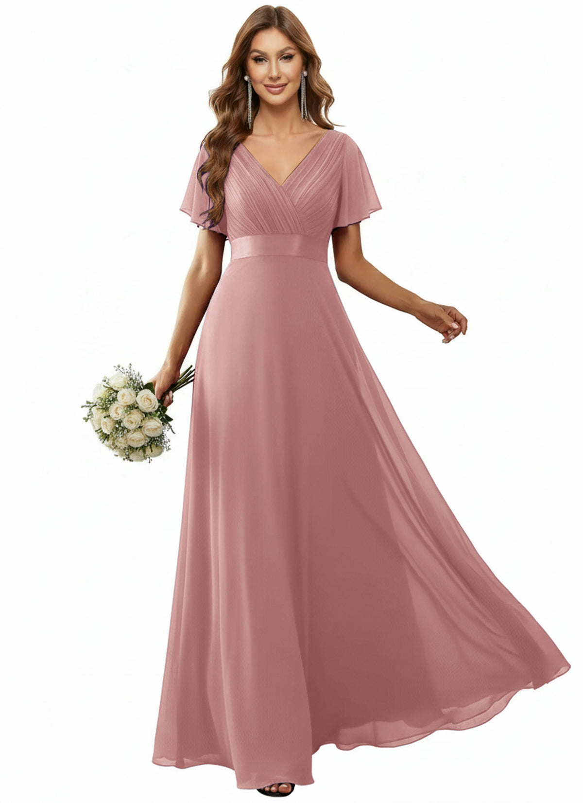 Color=Dusty Rose | Commercial Wholesale Short Sleeve Ruffle V-Neck Pleated A-Line Floor Length Bridesmaid Dresses-Dusty Rose 5