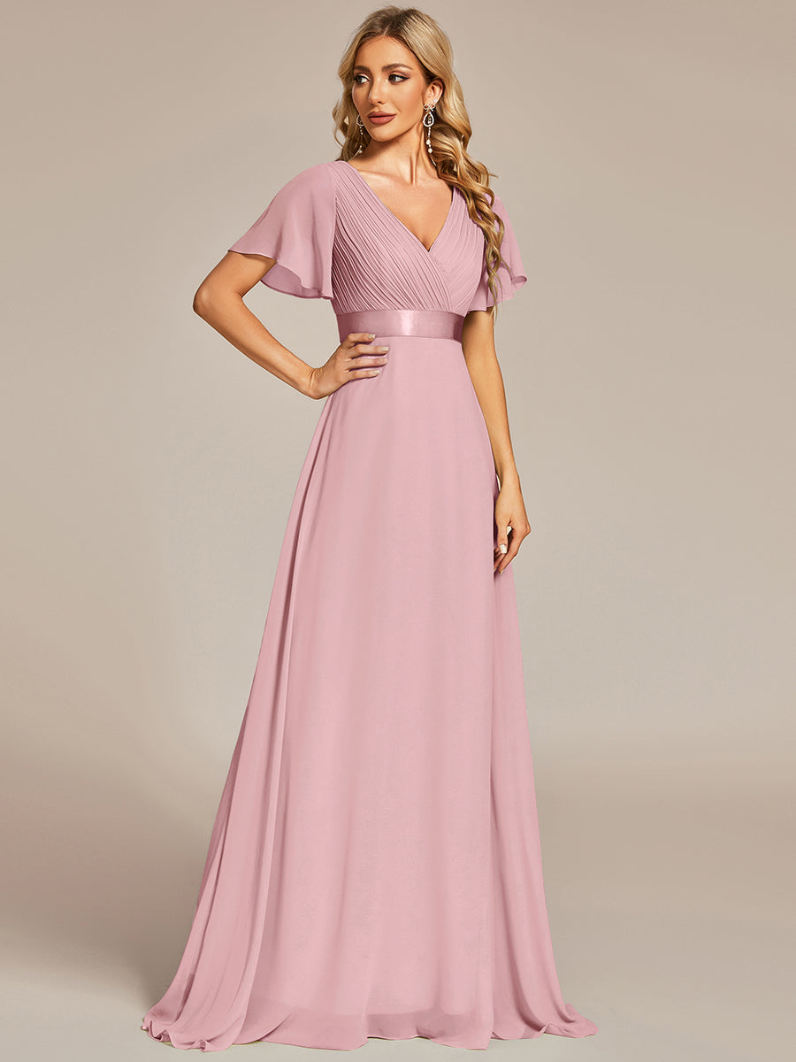 Color=Dusty Rose | Commercial Wholesale Short Sleeve Ruffle V-Neck Pleated A-Line Floor Length Bridesmaid Dresses-Dusty Rose 1