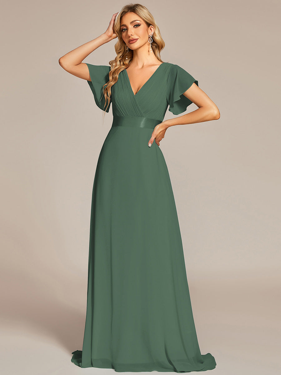 Color=Eucalyptus | Commercial Wholesale Short Sleeve Ruffle V-Neck Pleated A-Line Floor Length Bridesmaid Dresses-Eucalyptus 4