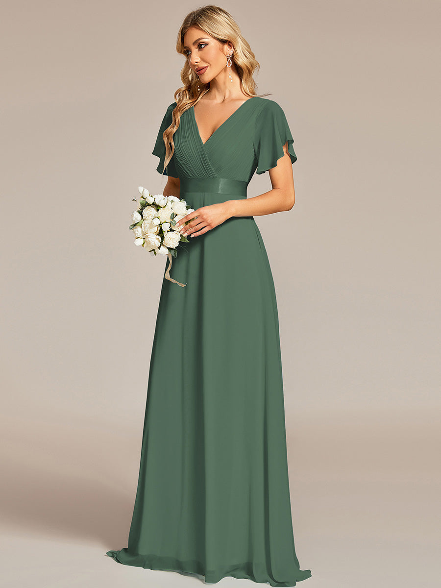 Color=Eucalyptus | Commercial Wholesale Short Sleeve Ruffle V-Neck Pleated A-Line Floor Length Bridesmaid Dresses-Eucalyptus 5