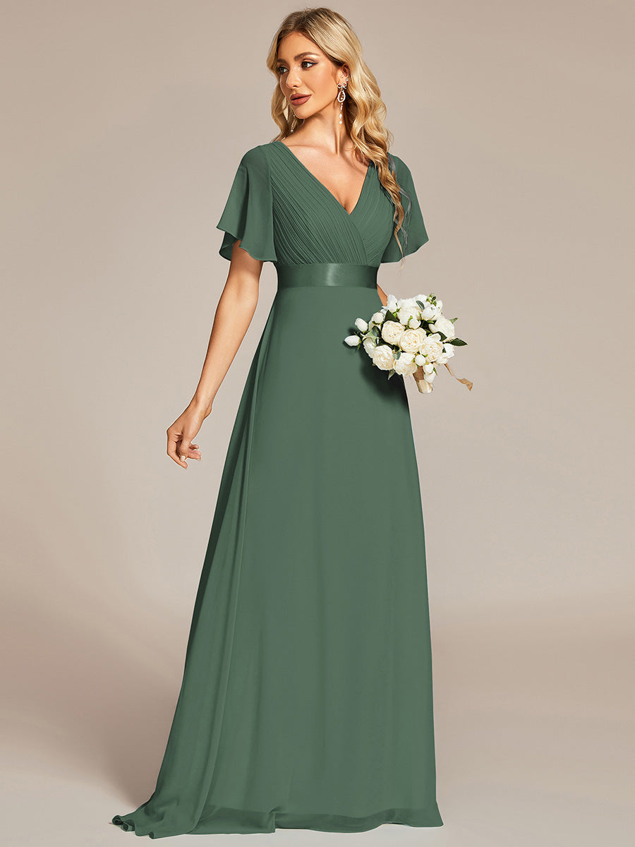 Color=Eucalyptus | Commercial Wholesale Short Sleeve Ruffle V-Neck Pleated A-Line Floor Length Bridesmaid Dresses-Eucalyptus 1