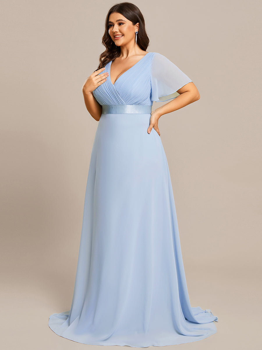 Double V-Neck Ruffles Padded Plus Size Wholesale Evening Dresses #Color_Ice Blue