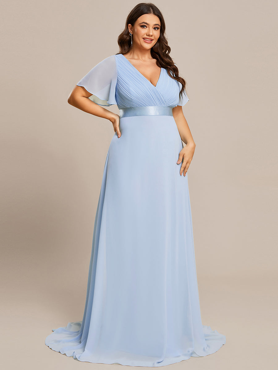Double V-Neck Ruffles Padded Plus Size Wholesale Evening Dresses #Color_Ice Blue