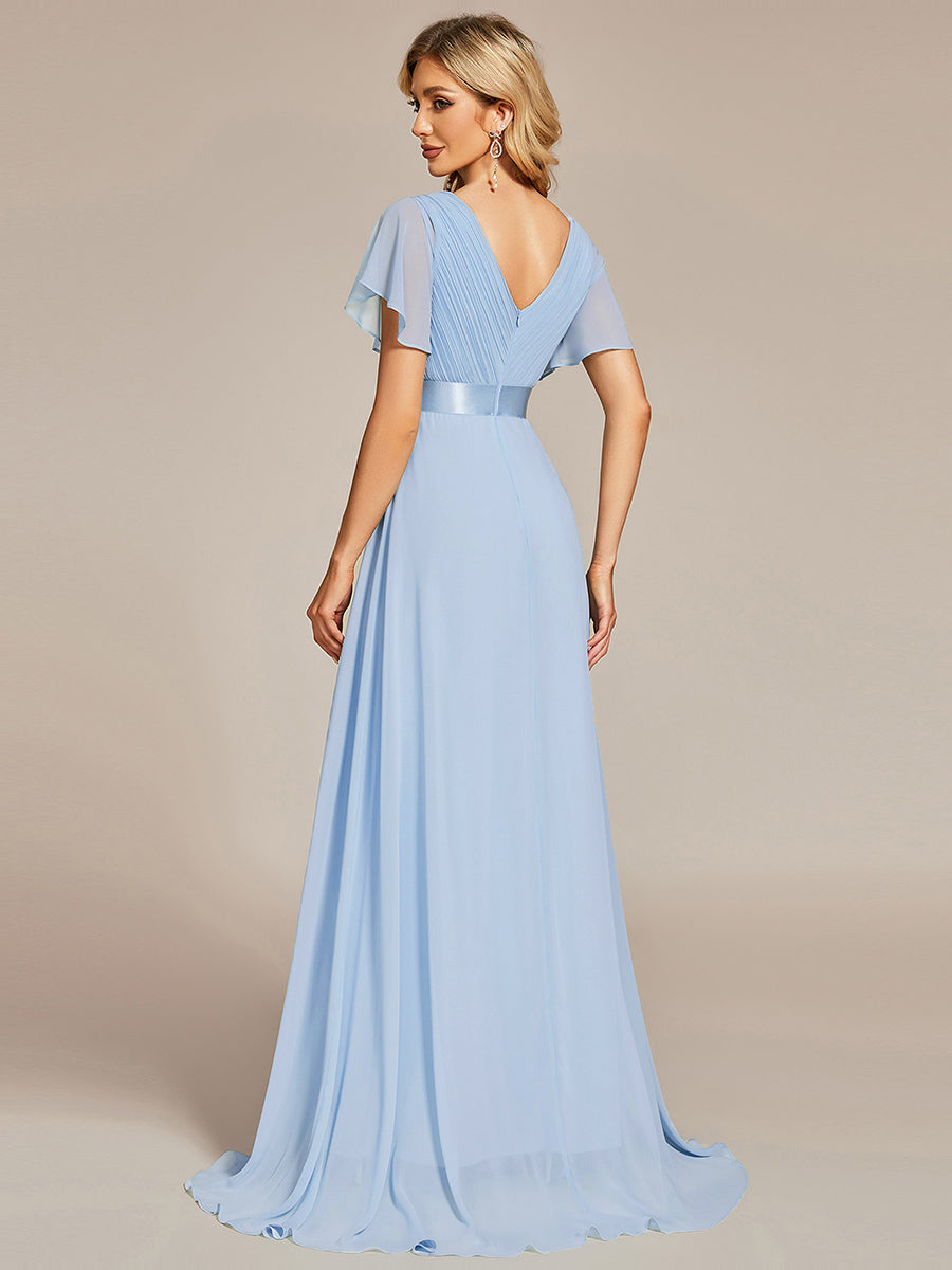 Glamorous Double V-Neck Ruffles Padded Wholesale Chiffon Evening Dresses#Color_Ice Blue