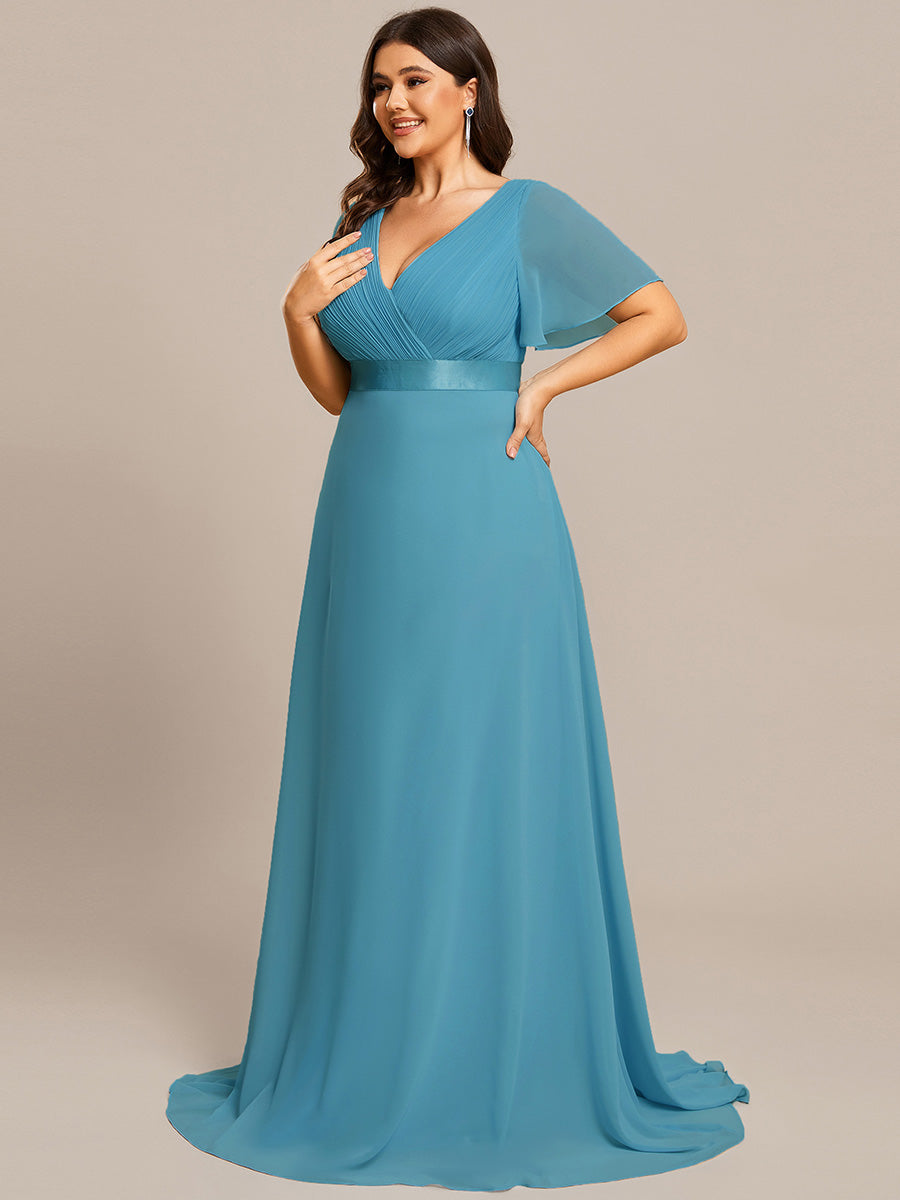 Double V-Neck Ruffles Padded Plus Size Wholesale Evening Dresses #Color_Jade Blue