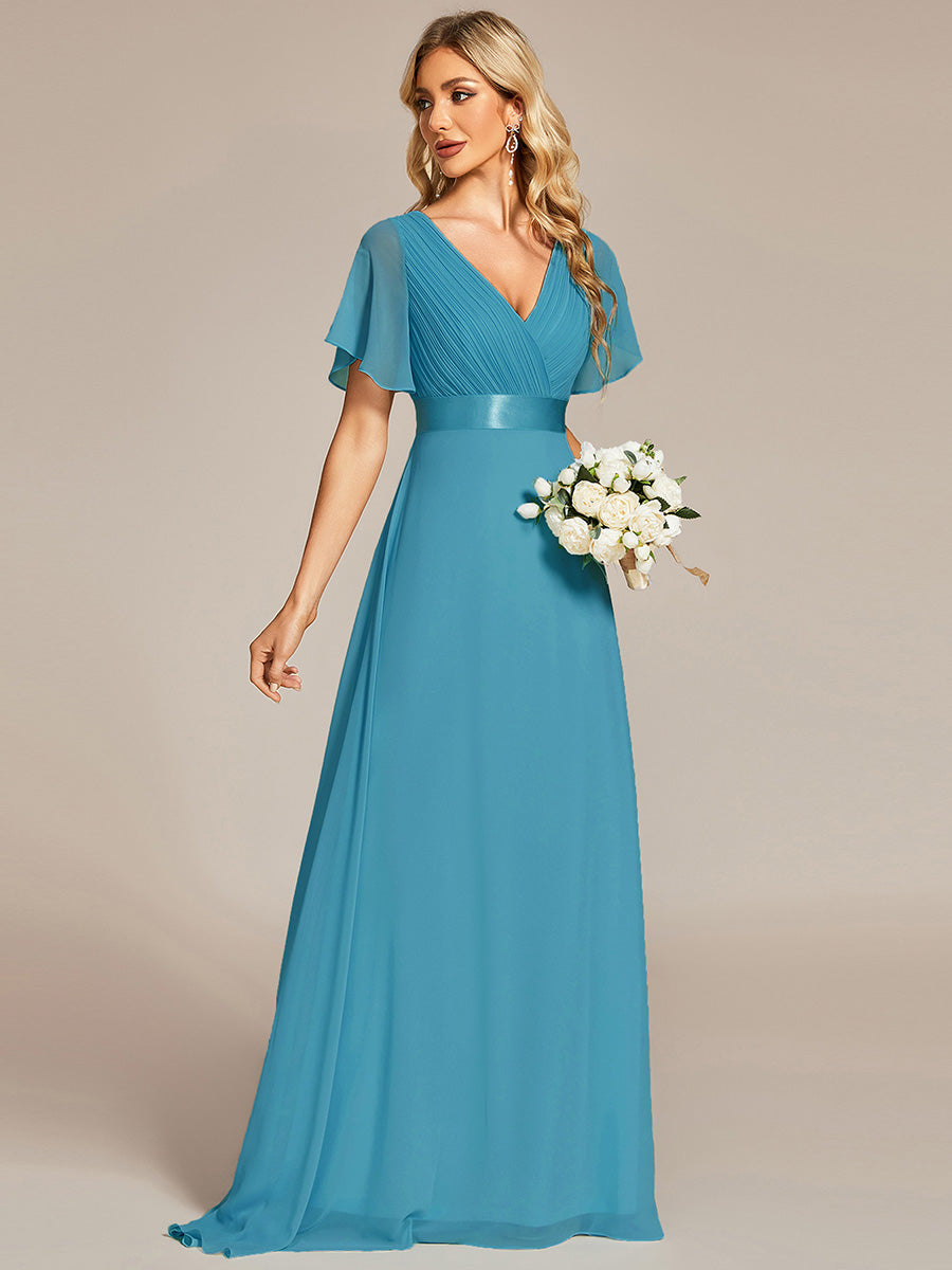 Glamorous Double V-Neck Ruffles Padded Wholesale Chiffon Evening Dresses#Color_Jade Blue