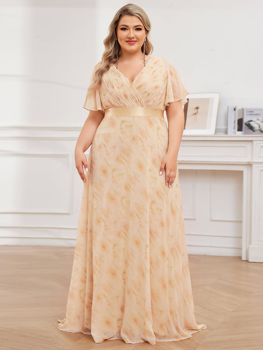 Double V-Neck Ruffles Padded Plus Size Wholesale Evening Dresses #Color_Golden Roses