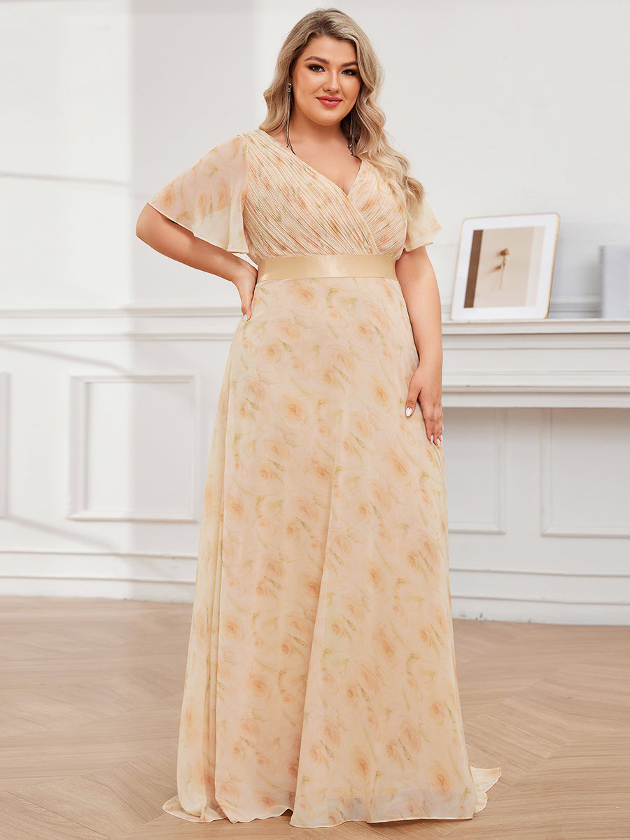 Double V-Neck Ruffles Padded Plus Size Wholesale Evening Dresses #Color_Golden Roses