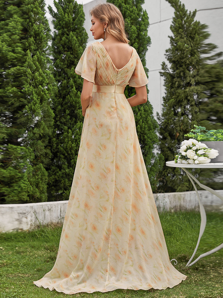 Glamorous Double V-Neck Ruffles Padded Wholesale Chiffon Evening Dresses#Color_Golden Roses