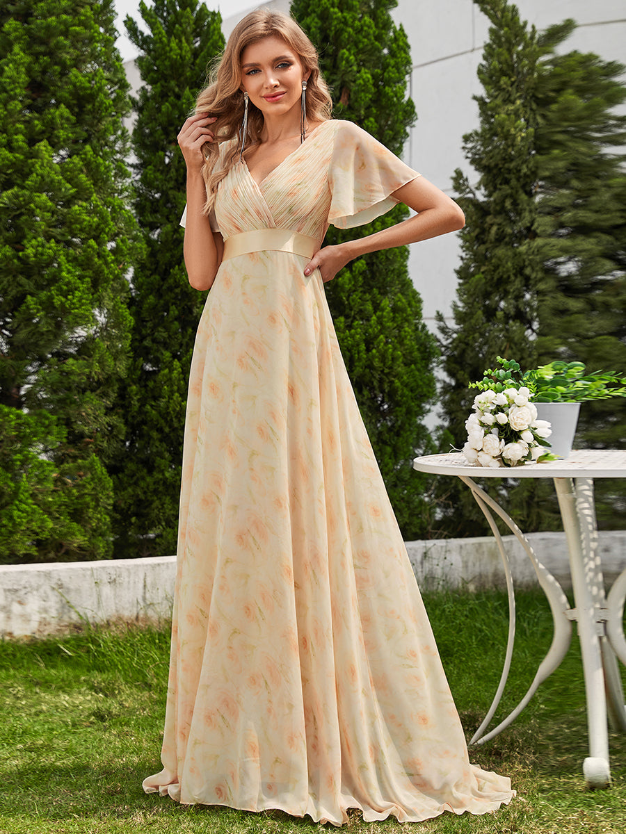 Glamorous Double V-Neck Ruffles Padded Wholesale Chiffon Evening Dresses#Color_Golden Roses