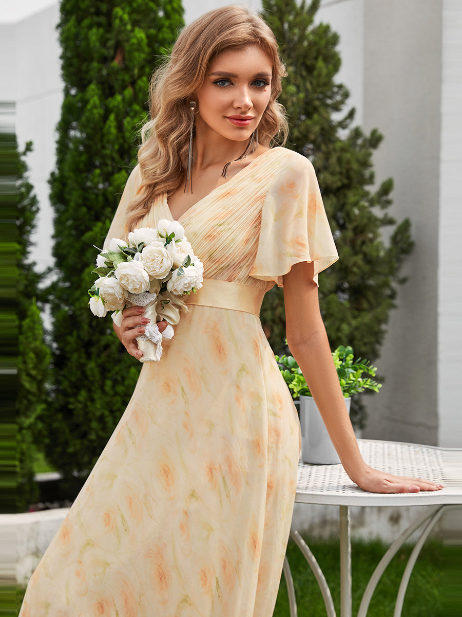 Glamorous Double V-Neck Ruffles Padded Wholesale Chiffon Evening Dresses#Color_Golden Roses