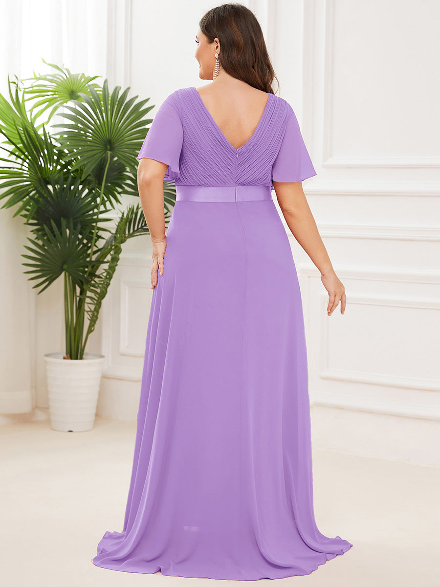 Double V-Neck Ruffles Padded Plus Size Wholesale Evening Dresses #Color_Lavender