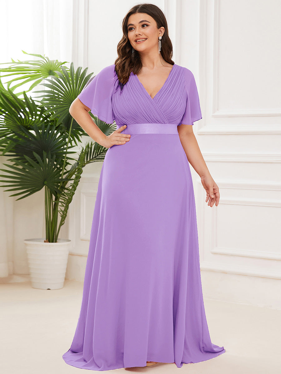 Double V-Neck Ruffles Padded Plus Size Wholesale Evening Dresses #Color_Lavender