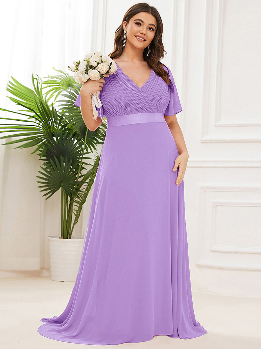 Double V-Neck Ruffles Padded Plus Size Wholesale Evening Dresses #Color_Lavender