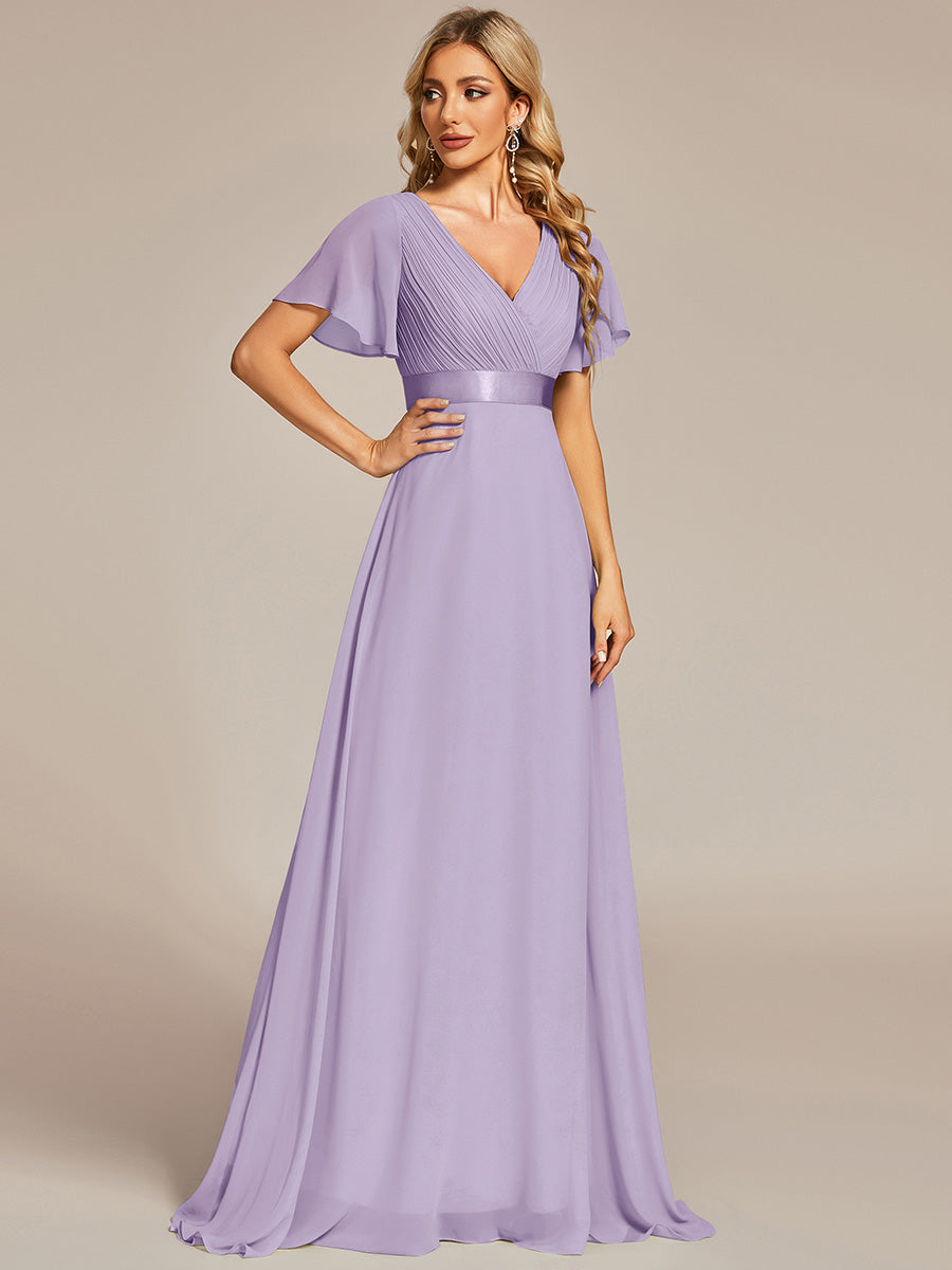 Glamorous Double V-Neck Ruffles Padded Wholesale Chiffon Evening Dresses#Color_Lavender