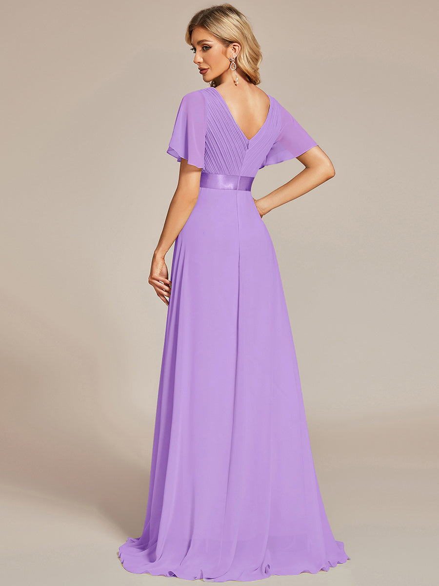 Glamorous Double V-Neck Ruffles Padded Wholesale Chiffon Evening Dresses#Color_Lavender