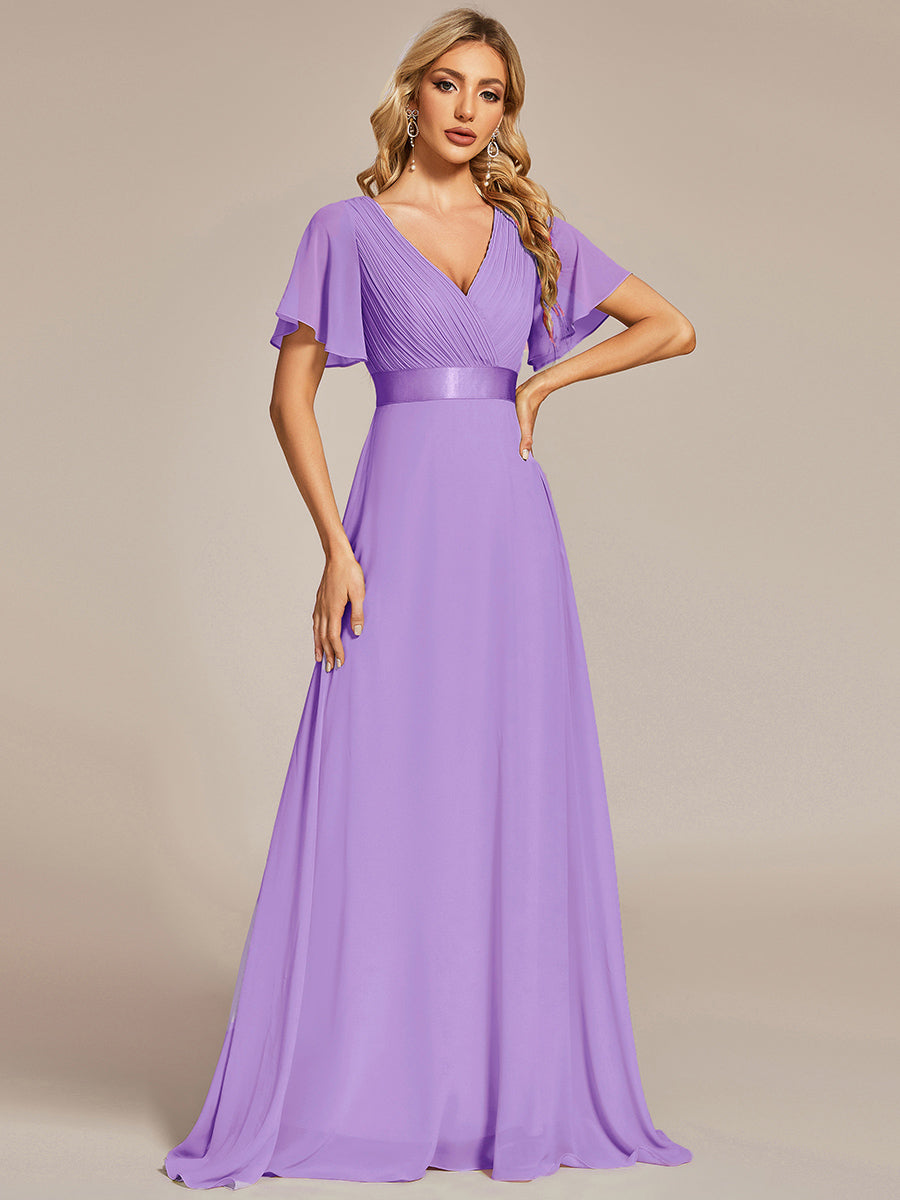 Glamorous Double V-Neck Ruffles Padded Wholesale Chiffon Evening Dresses#Color_Lavender