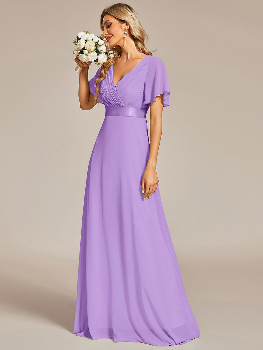 Glamorous Double V-Neck Ruffles Padded Wholesale Chiffon Evening Dresses#Color_Lavender