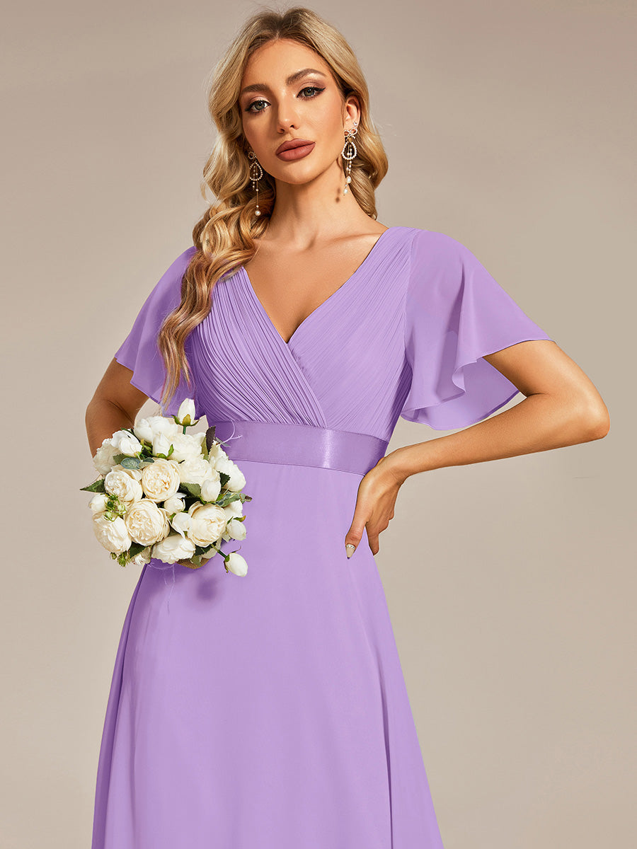 Glamorous Double V-Neck Ruffles Padded Wholesale Chiffon Evening Dresses#Color_Lavender