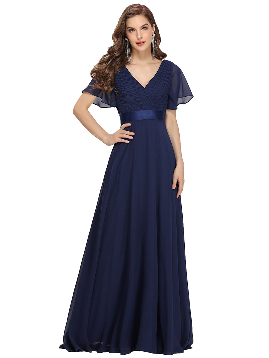 Color=Navy Blue | Commercial Wholesale Short Sleeve Ruffle V-Neck Pleated A-Line Floor Length Bridesmaid Dresses-Navy Blue 2