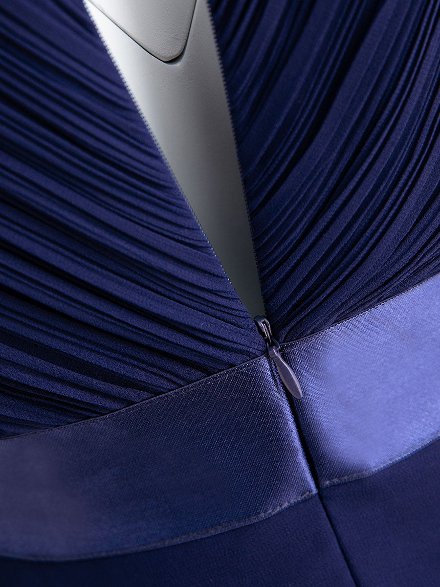 Color=Navy Blue | Commercial Wholesale Short Sleeve Ruffle V-Neck Pleated A-Line Floor Length Bridesmaid Dresses-Navy Blue 3
