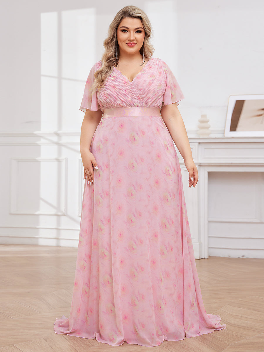 Double V-Neck Ruffles Padded Plus Size Wholesale Evening Dresses #Color_Light Purple Roses