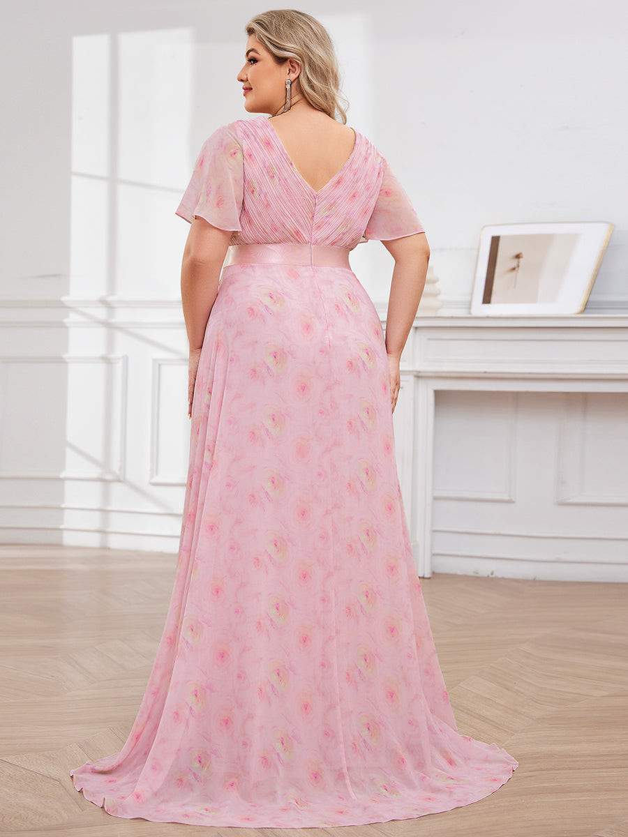 Double V-Neck Ruffles Padded Plus Size Wholesale Evening Dresses #Color_Light Purple Roses