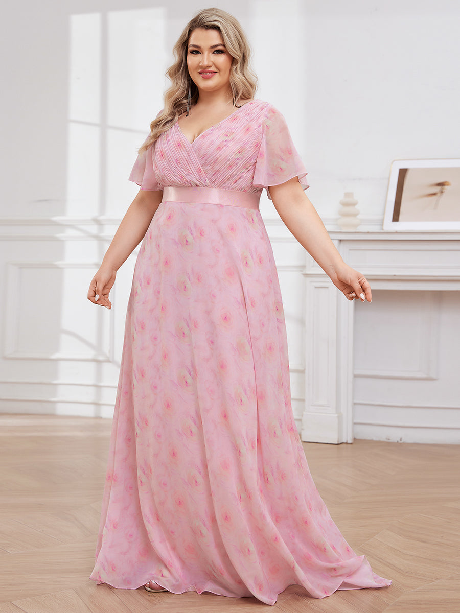 Double V-Neck Ruffles Padded Plus Size Wholesale Evening Dresses #Color_Light Purple Roses
