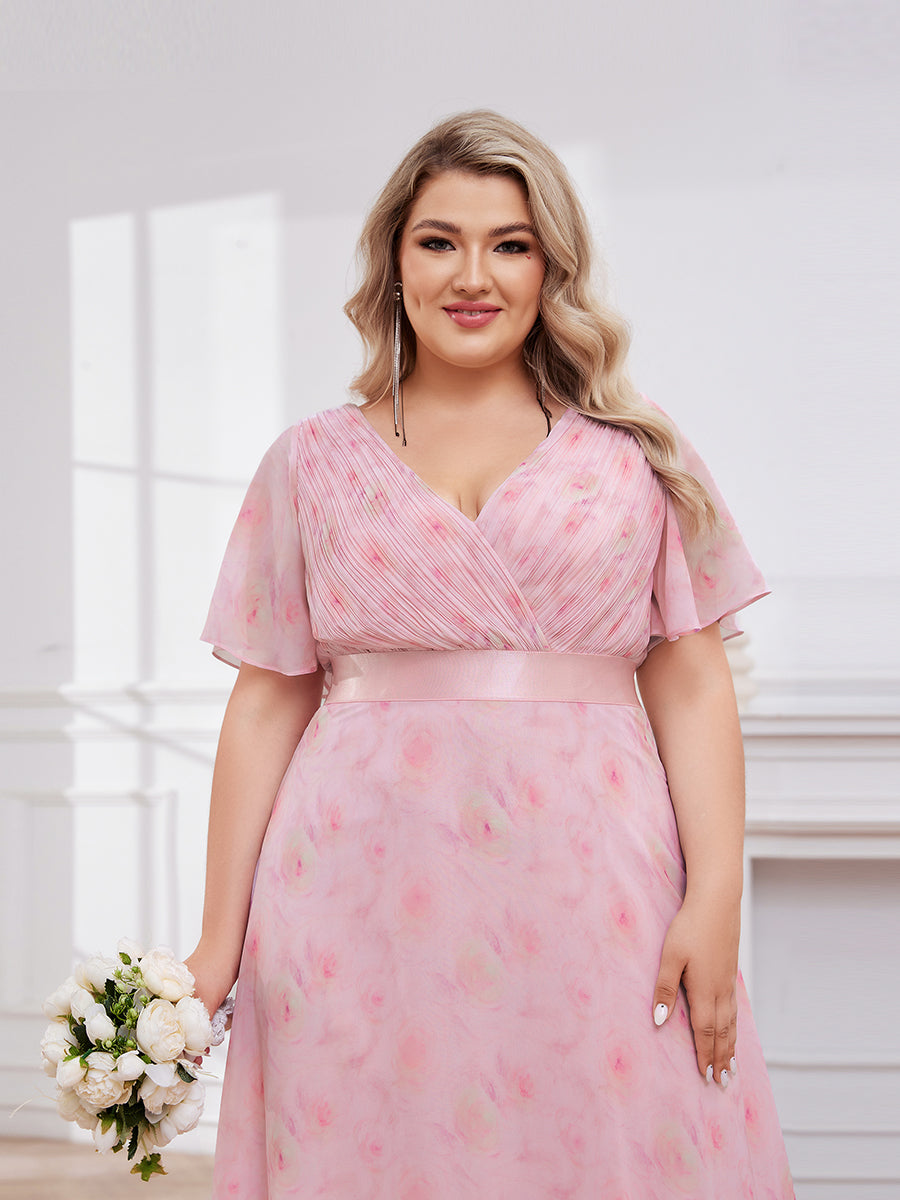 Double V-Neck Ruffles Padded Plus Size Wholesale Evening Dresses #Color_Light Purple Roses