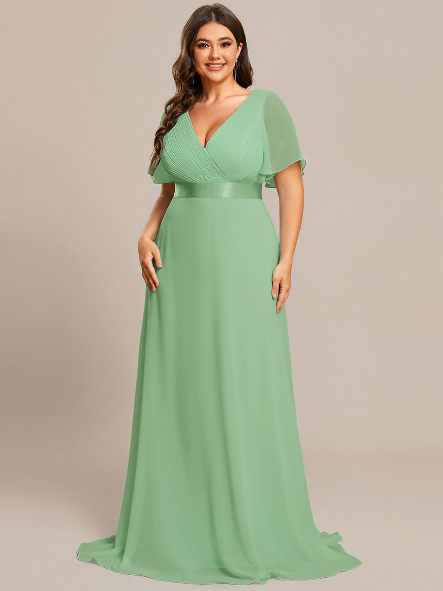 Double V-Neck Ruffles Padded Plus Size Wholesale Evening Dresses #Color_Sage Green