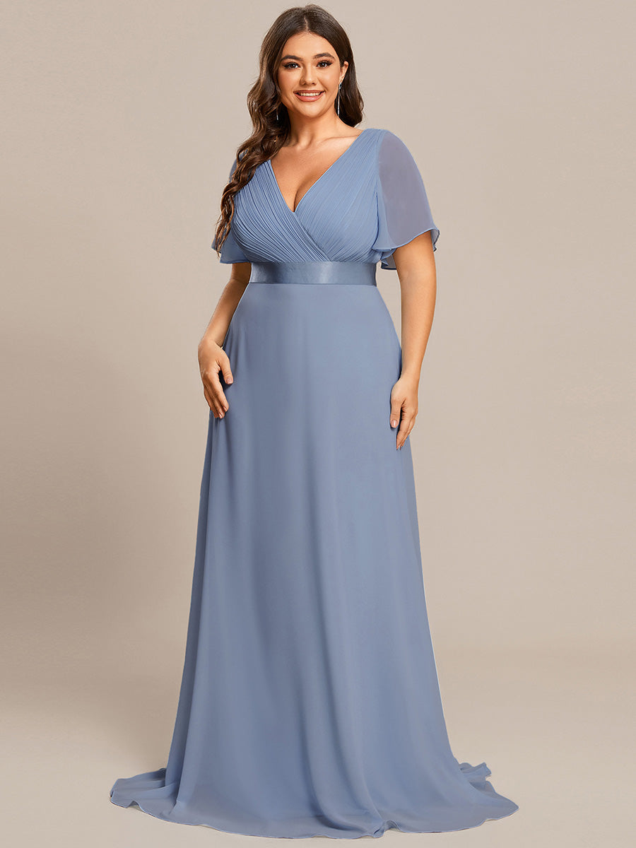 Double V-Neck Ruffles Padded Plus Size Wholesale Evening Dresses #Color_Slate Blue