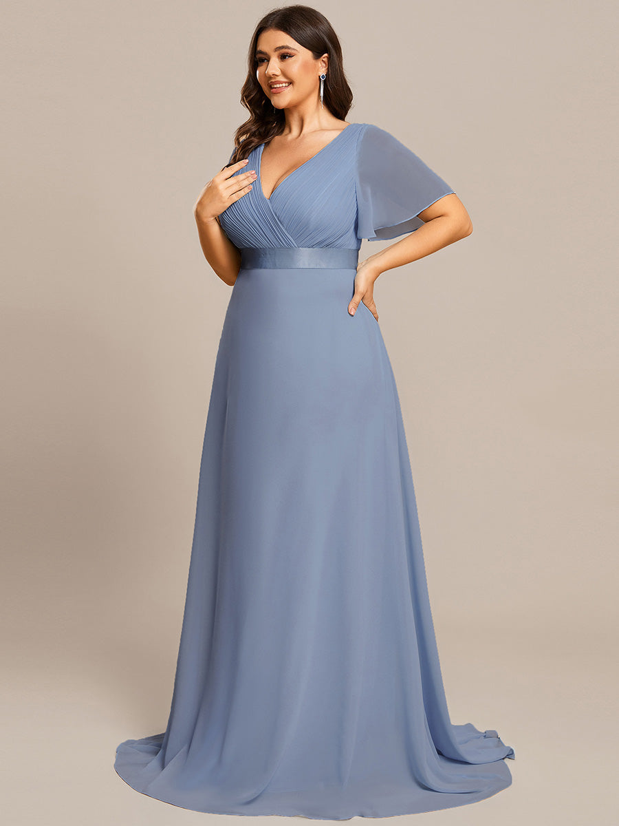 Double V-Neck Ruffles Padded Plus Size Wholesale Evening Dresses #Color_Slate Blue