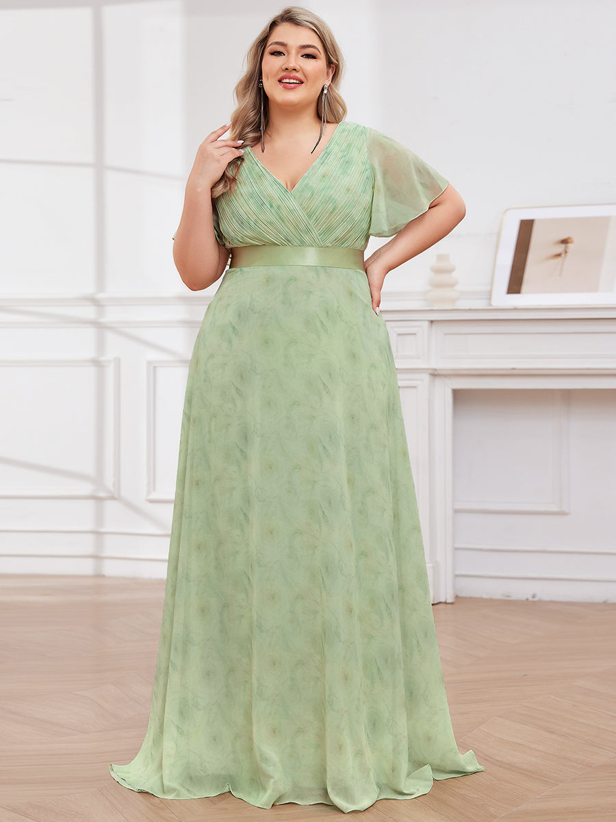 Double V-Neck Ruffles Padded Plus Size Wholesale Evening Dresses #Color_Light Green Roses