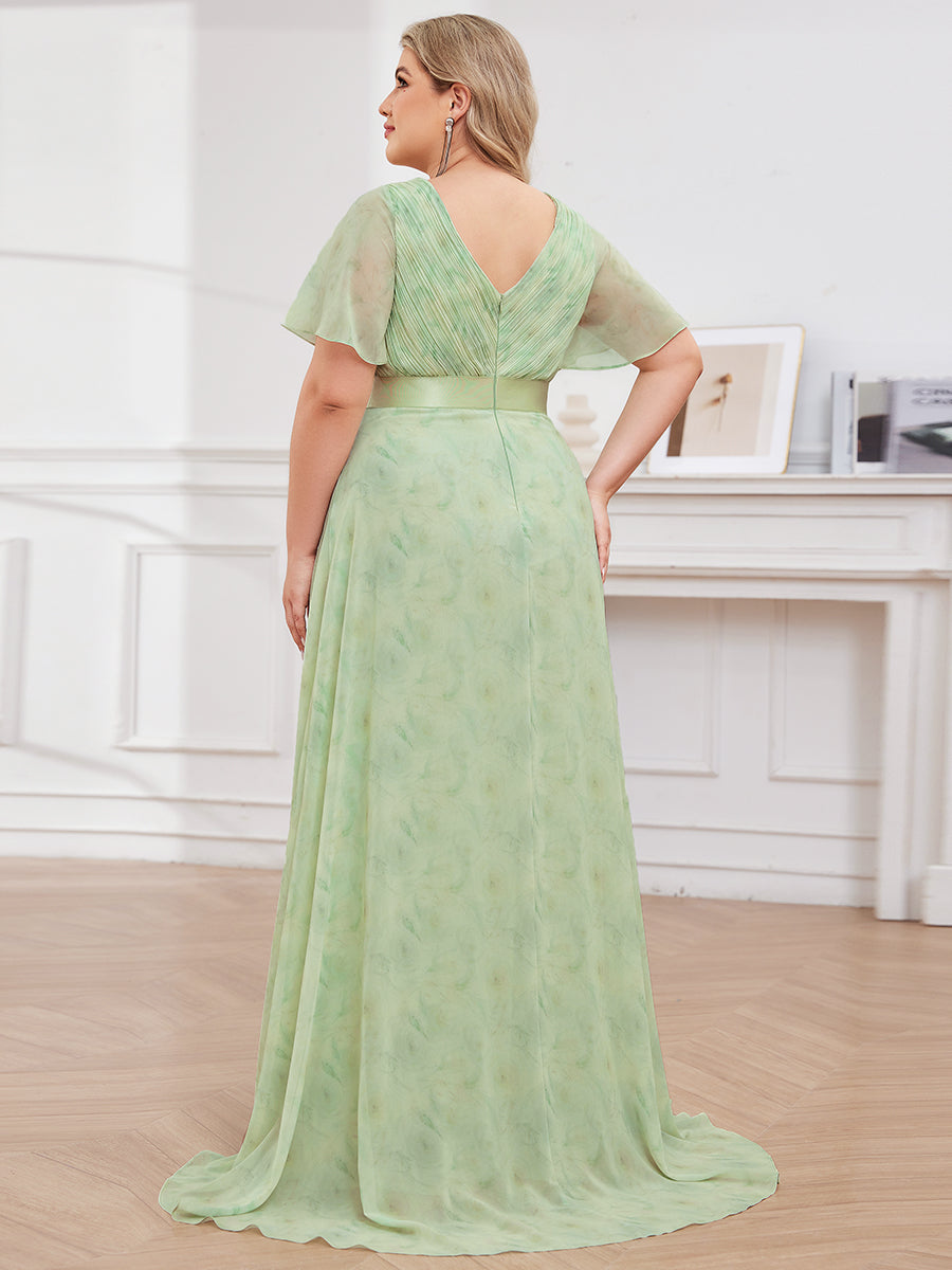 Double V-Neck Ruffles Padded Plus Size Wholesale Evening Dresses #Color_Light Green Roses