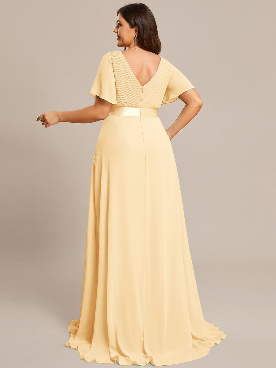 Color=Yellow | Glamorous Double V-Neck Ruffles Padded Plus Size Evening Dresses-Yellow 52