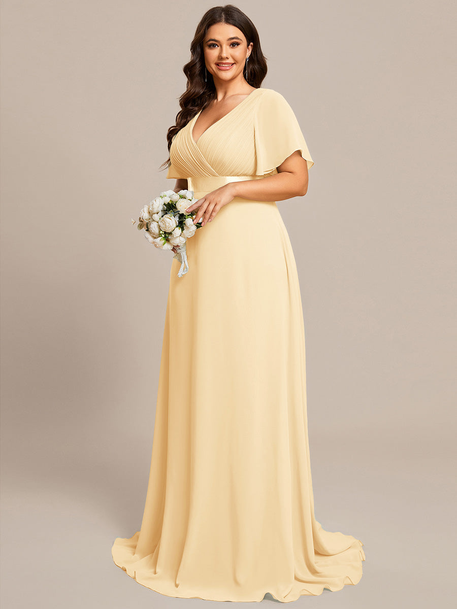 Color=Yellow | Glamorous Double V-Neck Ruffles Padded Plus Size Evening Dresses-Yellow 54