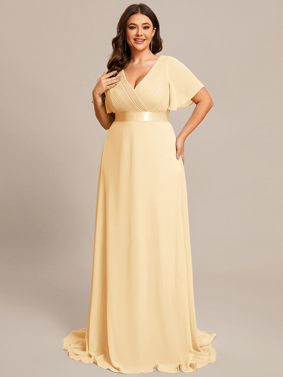 Color=Yellow | Glamorous Double V-Neck Ruffles Padded Plus Size Evening Dresses-Yellow 55